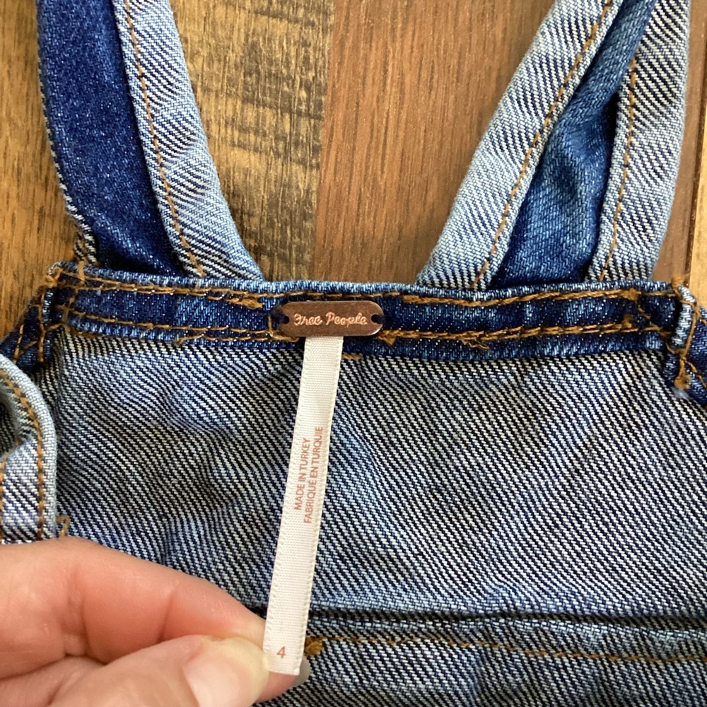 Free People Boho Patchwork Blues Denim Overall Skirt Dress Jumper Sz 4 - Picture 7 of 9